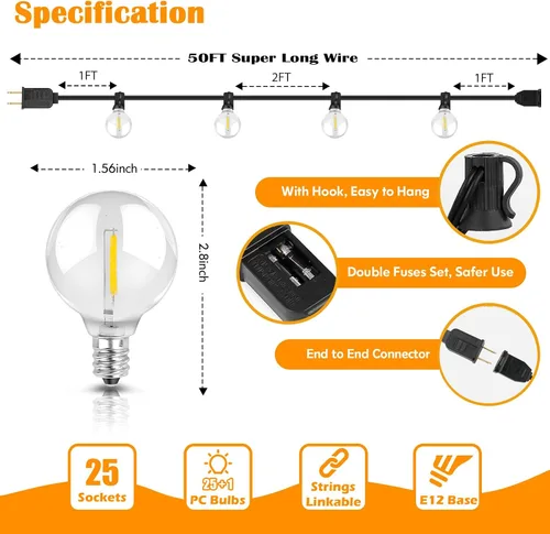 Miniatura 5 de Luces de Cadena LED para Exteriores de 50 Pies Impermeables, Brillantes 2700K, Luces de Cadena para Patio LED con 27 Bombillas Globo G40