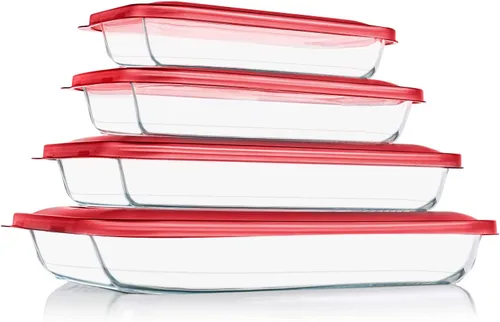 Miniatura 8 de KOMUEE Juego de 8 platos de vidrio para hornear con tapas, bandeja rectangular de vidrio para hornear con tapas, moldes para lasaña, sobras, cocina