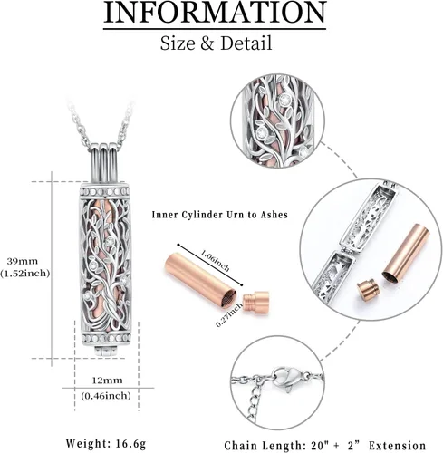 Miniatura 34 de shajwo Joyería de cremación cilíndrica, collar de cenizas de urna del árbol de la vida para mujeres y hombres, vial de cremación de cenizas