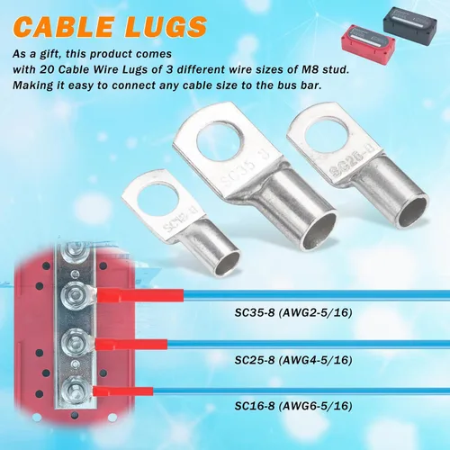 Miniatura 5 de Barra de bus de módulo resistente de 300 A, bloque de distribución de energía de 12 V, 24 V, 48 V CC con 4 pernos de 5/16 pulgadas (M8), regalo 12