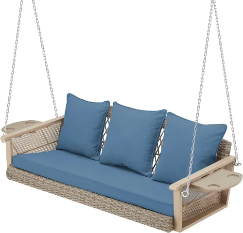 Miniatura 13 de HOMREST Columpio de mimbre para porche para 3 personas con portavasos mejorado, silla colgante de 56 pulgadas con cojines, columpio al aire libre