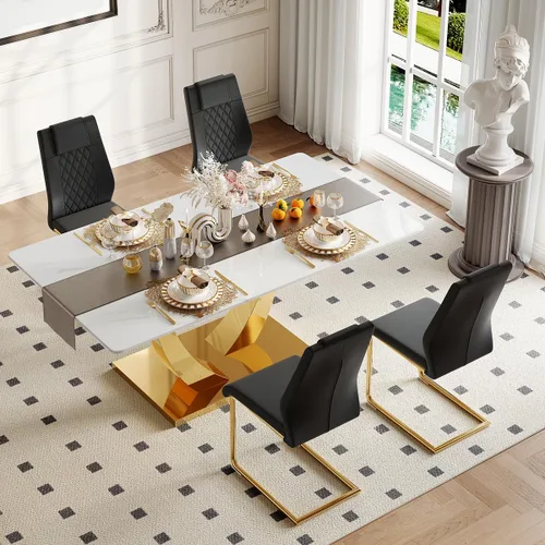 Miniatura 39 de Juego de mesa de comedor para 4, mesa de comedor de mármol sintético de 63 pulgadas con patas y base de acero inoxidable, sillas acolchadas
