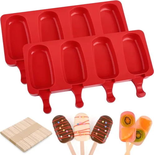 WMKGG Juego de moldes de silicona para paletas, 2 moldes de helado con 50 palos de madera para cake pop, Ice Pop, Cakesicles (tamaño estándar/rojo)