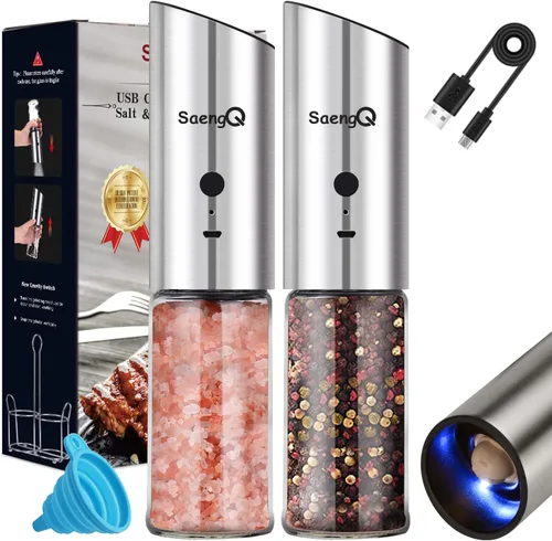 Juego de molinillo eléctrico de sal y pimienta, salero y pimienta recargable por USB, molino de vidrio automático con grosor ajustable, luz LED,