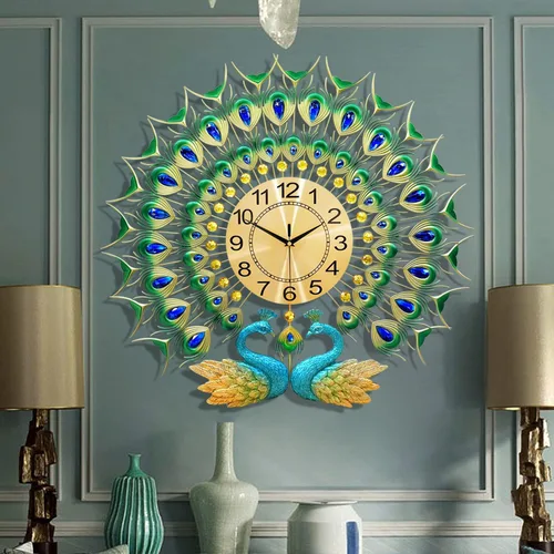 Miniatura 10 de Reloj de pared grande de estilo lujoso, estilo pavo real, de 23.7 pulgadas, sin tictac, silencioso, de cristal acrílico, decoración moderna y Azul