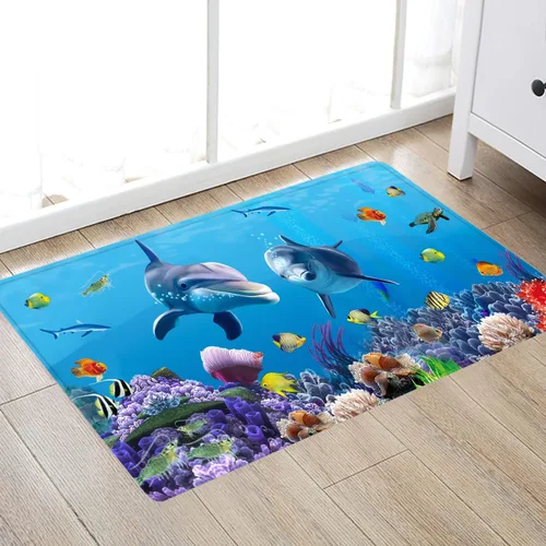 Miniatura 7 de LYFANS Alfombras absorbentes y antideslizantes para uso en cocina y baño, alfombrillas modernas de arte azul con delfín en 3D (61x41 cm)