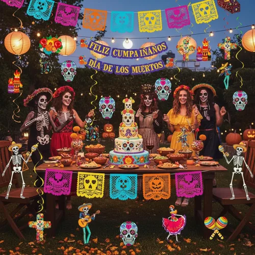Miniatura 6 de 30 remolinos de papel de aluminio del Día de los Muertos, decoraciones de Halloween, calavera de azúcar, flores colgantes en el techo, remolinos