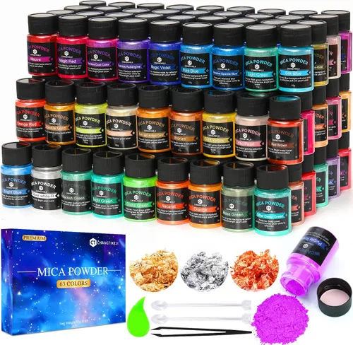 CHANGTIKEJI Polvo de mica, 63 colores - 10g/botella de polvo de pigmento natural para resina epoxi, brillo de labios, sombra de ojos, pintura de 63