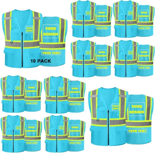 Miniatura 16 de Chaleco de seguridad reflectante de malla con logotipo personalizado Clase 2 con 5 bolsillos y cremallera Amarillo-5pack