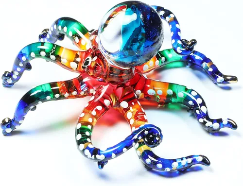 Miniatura 6 de WitnyStore Figura pequeña de pulpo arcoíris punteado dorado de 5½ pulgadas, pulpos de vidrio soplado a mano, calamares, sepia, moluscos marinos