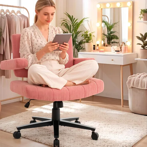 Miniatura 11 de Vigosit Silla de oficina entrecruzada, felpa de gran tamaño para sentarse con patas cruzadas, brazos ajustables y ruedas giratorias de 360°