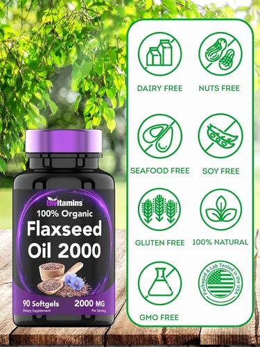 Miniatura 5 de tnvitamins Cápsulas blandas de aceite de linaza orgánica: 2000 mg - 90 cápsulas blandas Alto en ácidos grasos omega-3 Suplemento de aceite