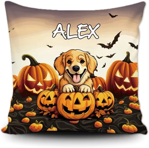 Miniatura 13 de Funda de almohada personalizada de Halloween, diseño de perro Golden Retriever, calabaza, cachorro inteligente, funda de cojín decorativa de lona 34