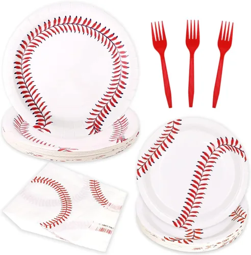 WILDPARTY Juego de 96 piezas de suministros para fiesta de béisbol para 24 invitados, incluyendo platos de papel de béisbol, platos de postre,