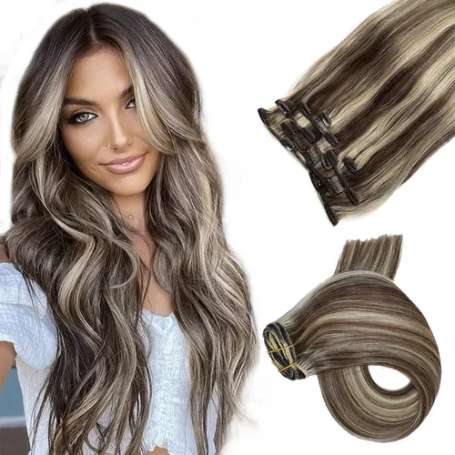 Miniatura 28 de Extensiones de cabello con clip Ubetta de cabello humano real, extensiones de cabello negro azabache con clip, 7 piezas, 70 g, extensiones