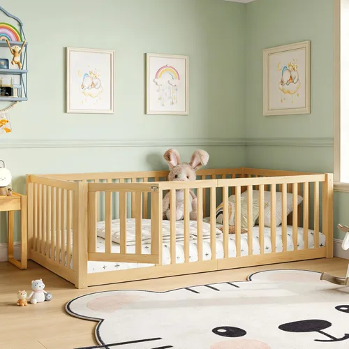Miniatura 22 de Bellemave Cama de suelo Queen para niños, marco de cama Montessori con barandillas y puerta en forma de valla, cama Queen de madera para niños, Gris