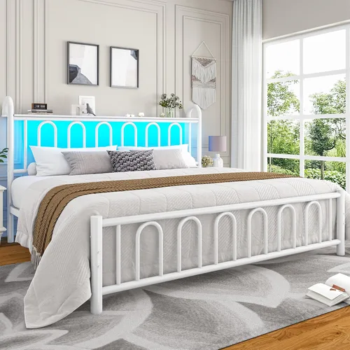 Miniatura 14 de Homkdom Base de cama tamaño King con cabecera de almacenamiento, marco de cama de metal clásico con luces LED y almacenamiento debajo de la cama