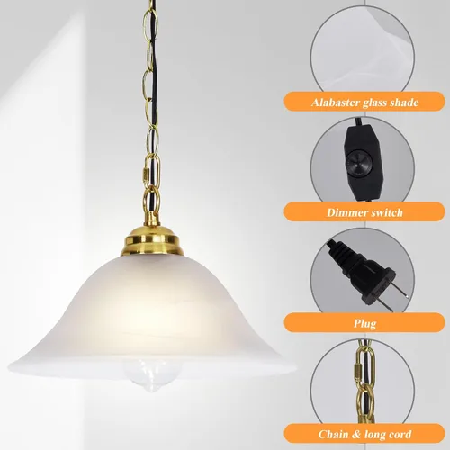 Miniatura 4 de Lámpara colgante enchufable con pantalla de vidrio de alabastro, interruptor de encendido/apagado, cable de 16.4 pies y cadena de 14.7 pies, lámpara
