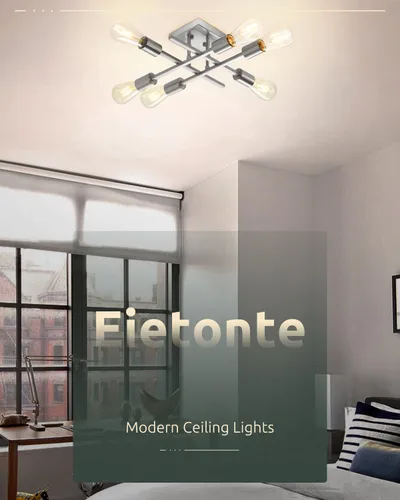 Miniatura 7 de Lámpara de techo semiempotrada de 6 luces, níquel cepillado industrial cerca del techo, moderna base E26 Sputnik lámpara de techo para cocina