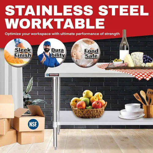 Miniatura 4 de DuraSteel Mesa de trabajo de acero inoxidable de 24 x 48 pulgadas, mesa de metal de preparación comercial NSF, soporte para horno de pizza al aire