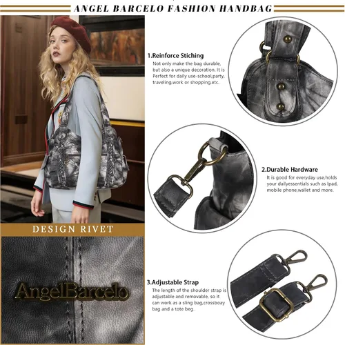 Miniatura 205 de Angel Barcelo - Bolsa de hombro amplia para mujer, diseño Hobo, cuero lavado
