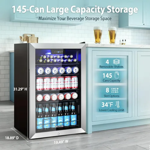 Miniatura 2 de ORYMUSE Refrigerador de bebidas de 20 pulgadas, refrigerador de bebidas para 145 latas con puerta de vidrio, enfriador de cerveza debajo