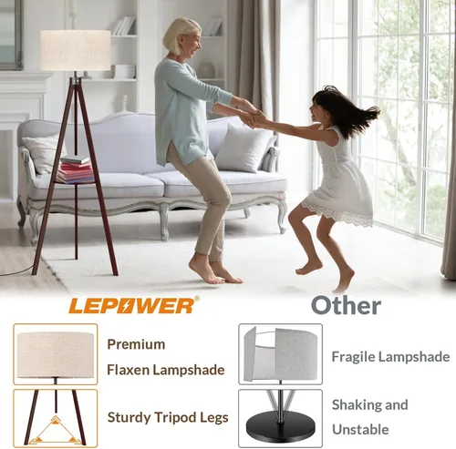 Miniatura 2 de LEPOWER Lámpara de pie con trípode, lámpara de pie de madera de mediados de siglo, lámpara de pie con diseño moderno y estante para sala de estar