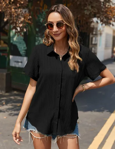 Miniatura 4 de HOTOUCH Camisa de vestir de manga corta con botones para mujer, cuello en V, con botones, para verano, con textura, para el trabajo
