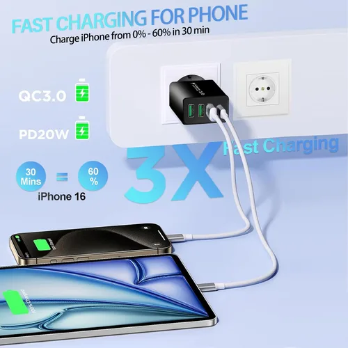 Miniatura 3 de Adaptador de enchufe europeo 40 W 4 puertos cargador USB C europeo, PD20W QC3.0 Europa USB C Bloque de cargador US a Europa adaptador de enchufe