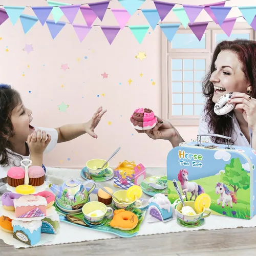 Miniatura 8 de Juego de fiesta de té para niñas pequeñas, 50 piezas, princesa, caballo, tiempo de té, juguete que incluye golosinas para jugar, bandeja de tetera