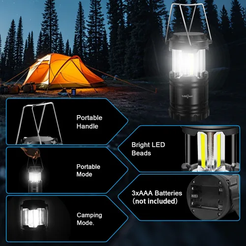 Miniatura 3 de Linterna LED para campamento, luces a pilas, brillo ajustable para campamento, cortes de energía, emergencias, linternas plegables al aire libre