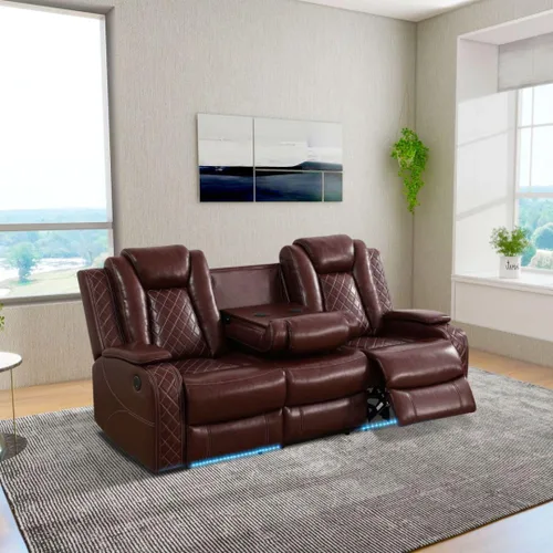 Miniatura 39 de Juego de sofá reclinable de cuero eléctrico con LED, juego de sala de estar de cuero, juego de sofá reclinable con puerto USB/soporte