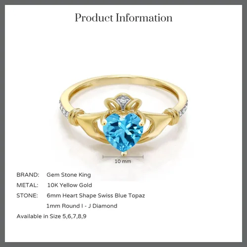 Miniatura 40 de Gem Stone King Anillo de compromiso claddagh celta irlandés de oro amarillo de 10 quilates con piedra preciosa en forma de corazón de 0.236 in