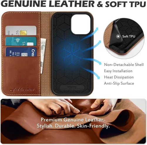 Miniatura 8 de SHIELDON Funda para iPhone 13 Pro Max 5G, cartera de cuero genuino tipo folio magnética con amortiguación de golpes, bloqueo RFID, tarjetero, Marrón