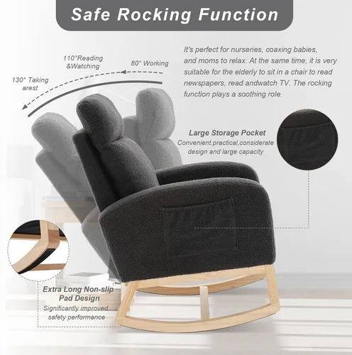 Miniatura 5 de Mecedora para Guardería con Patas de Madera Maciza, Silla Deslizante para Guardería con Bolsillo Lateral, Sillón Mecedor para Sala de Estar y B-drak