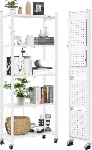 Miniatura 10 de DEANIC Estantería plegable de 5 estantes con ruedas, Estantería rodante de almacenamiento de servicio pesado, Unidad de estantería de alambre