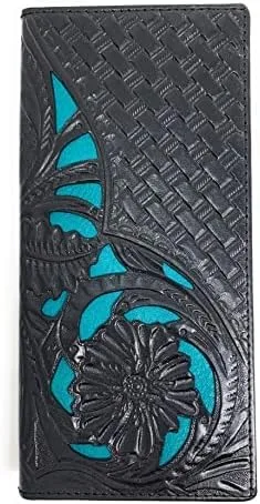 Cartera plegable larga de cuero genuino occidental con corte láser para hombre en 3 colores, NegroTurquesa, Western Bifold Vaquero