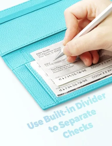 Miniatura 7 de Yarnic Funda para chequera personal, soporte para chequera con soporte para bolígrafo y divisor de plástico transparente integrado para cheques