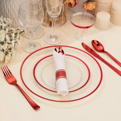 Miniatura 4 de BESTSTAR Juego de 350 platos desechables transparentes y rojos para 50 invitados, 100 platos de plástico, 50 vasos de plástico, 50 servilletas