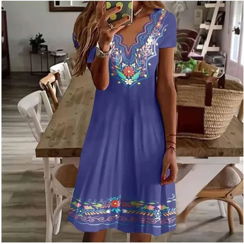 Miniatura 3 de Esopkuu Vestido de manga corta de algodón puro con estampado retro nacional, bordado con cuello en V, diseño de encaje