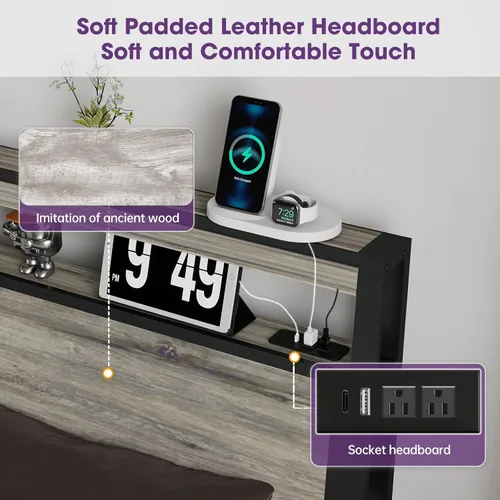 Miniatura 5 de Full Bed Frame with 2-Tier Storage Headboard and 4 Drawers, Metal Platform Bed Frame with LED & Charging Station, No Box Spring Needed/Noise