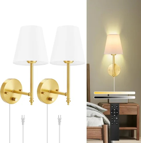Miniatura 12 de Juego de dos apliques de pared regulables, apliques de pared enchufables con pantalla de tela blanca, lámpara de pared para dormitorio, sala