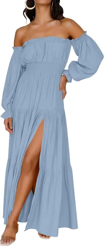 Miniatura 151 de ZESICA - Vestido largo, bohemio y sexy, con hombros descubiertos y manga larga fruncida, con elástico fruncido, cintura alta y abertura lateral