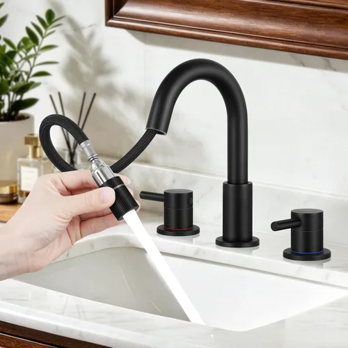 Miniatura 13 de FGKQ Grifo de baño negro para lavabo de 3 orificios, grifo de lavabo de baño con desagüe emergente, grifo de tocador extendido de 8 pulgadas de 3