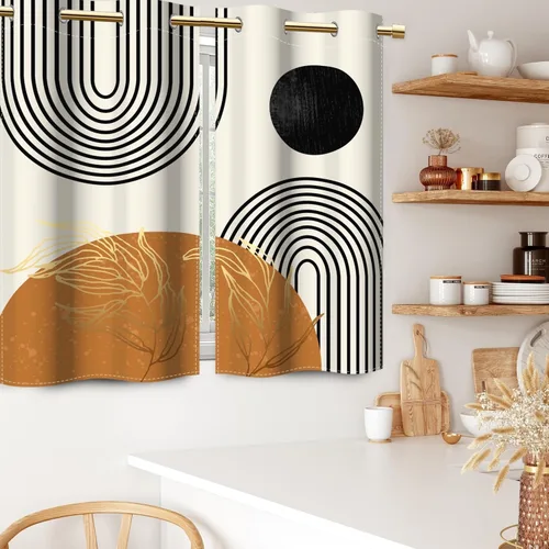 Miniatura 2 de Cortinas bohemias de cocina, diseño abstracto de mediados de siglo, arco negro, cortinas rústicas cortas para ventana de comedor, caravana, 21 x 45