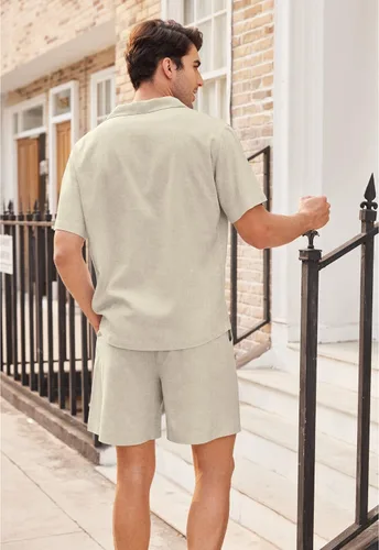 Miniatura 3 de COOFANDY Camisas de lino para hombre, manga corta, con botones, para playa, hawaiana, juego de 2 piezas
