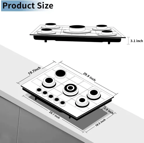 Miniatura 4 de Placa de cocina de gas de 30 pulgadas, estufa integrada de 5 quemadores, estufa convertible de acero inoxidable GLP/NG, placa sellada de combustible