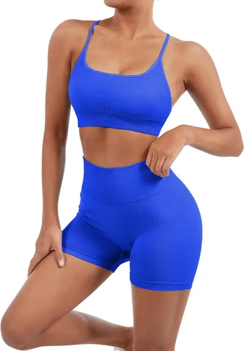 Miniatura 4 de SUUKSESS Conjuntos de entrenamiento sin costuras para mujer, sujetador deportivo con tiras y cintura alta, pantalones cortos