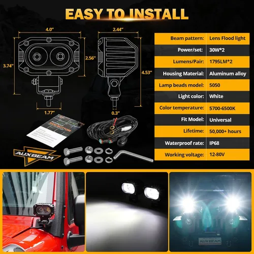 Miniatura 4 de Auxbeam Cápsulas LED de cubo de 4 pulgadas, luces superbrillantes de 60 W, luces auxiliares de inundación, luz de conducción de motocicleta