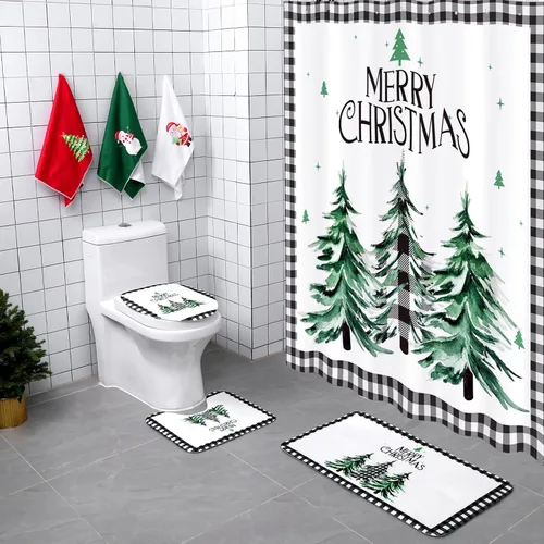 Miniatura 13 de Newwiee Juego de 7 Piezas de Cortina de Ducha Feliz Navidad, Juego de Cortina de Ducha de Árbol de Navidad Temática Bohemia, Decoración Navideña
